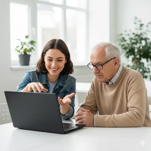 Jeune femme qui donne des explications à un homme âgé sur un ordinateur portable